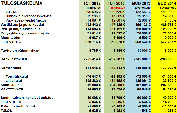 Tilinpäätös 2013: Tuloslaskelma LIIKEVAIHTO: Juniori- ja nuorisopelioikeuksia vähemmän