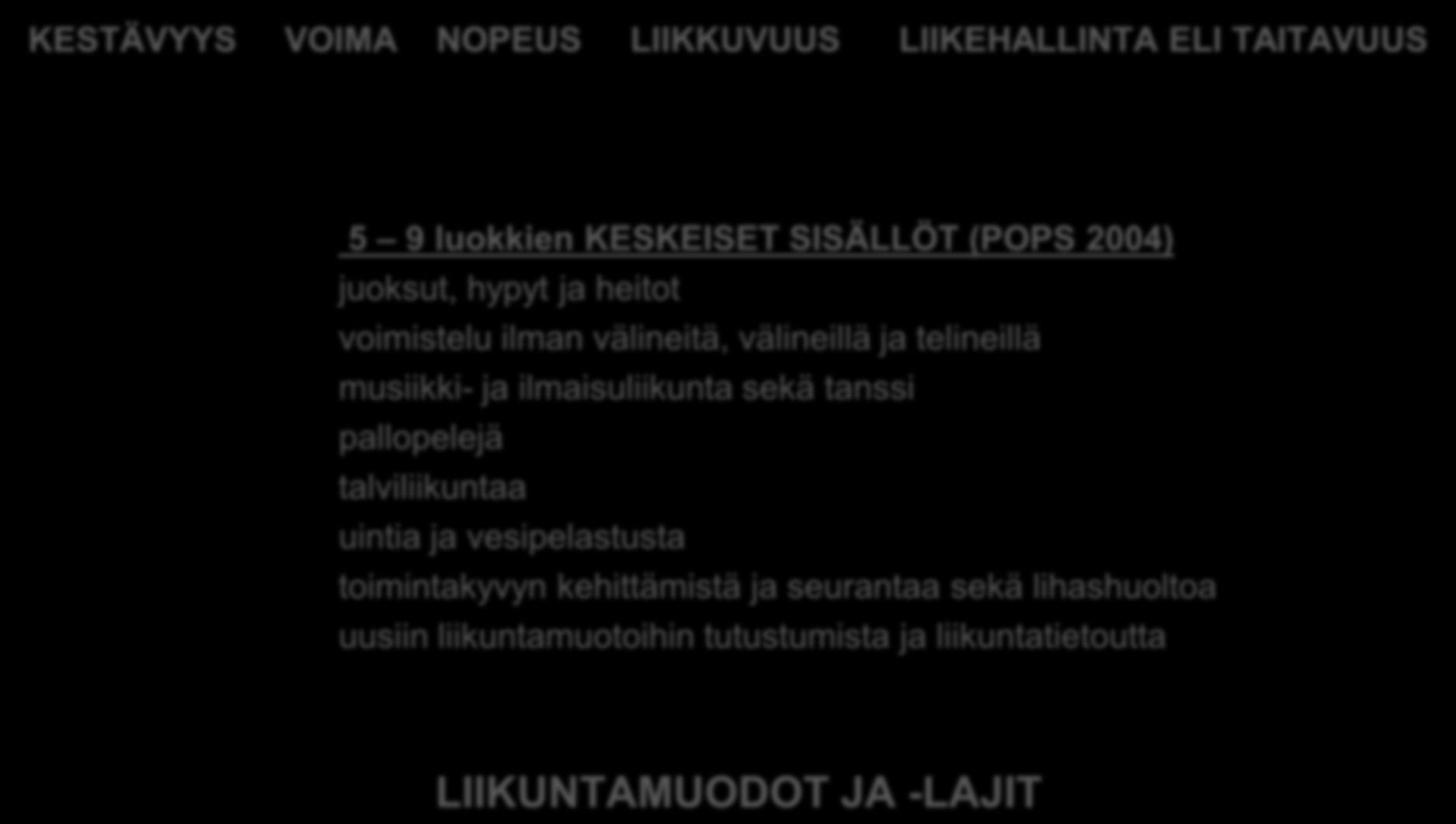 Fyysinen toimintakyky KESTÄVYYS VOIMA NOPEUS LIIKKUVUUS LIIKEHALLINTA ELI TAITAVUUS 5 9 luokkien KESKEISET SISÄLLÖT (POPS 2004) juoksut, hypyt ja heitot voimistelu ilman välineitä, välineillä ja