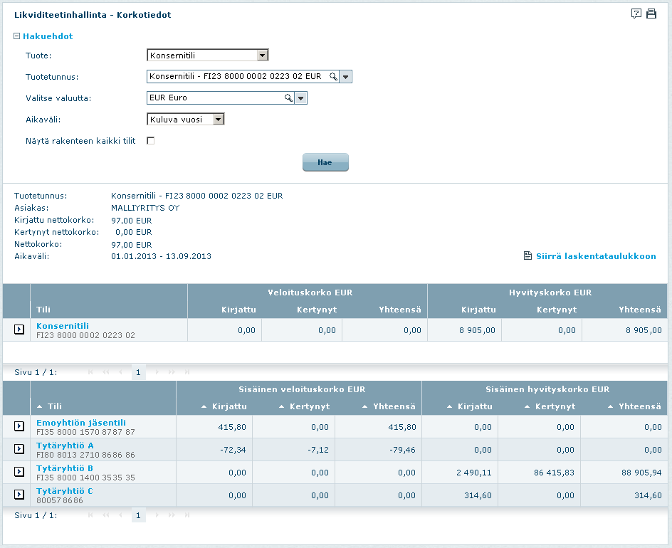 5. Konsernitilin ja Zero Balancing Cash Poolin korkotiedot Konsernitilin ja Zero Balancing Cash Poolin pääsivulta voit valita päätilin