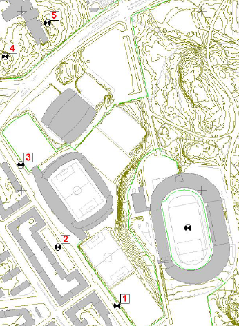 Helsingin kaupunki Pöytäkirja 6/2015 3 (8) Kuva 1. Olympiastadionin ulkopuoliset mittauspisteet 1-5 kartalla. Melutasomittaukset tekee Akukon Oy.