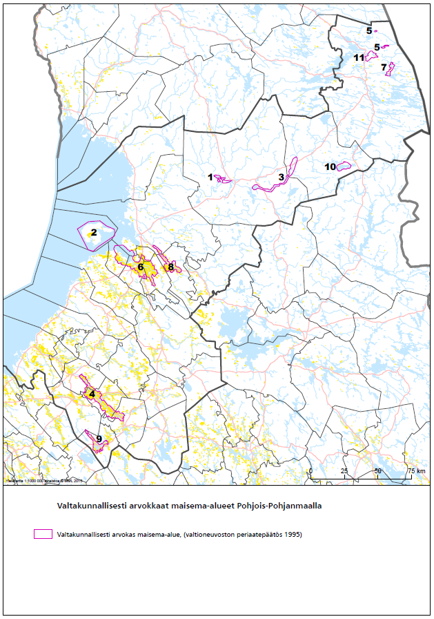 Kuva 8. Valtakunnallisesti arvokkaat maisema-alueet Pohjois-Pohjanmaalla. 1. Aittojärvi Kyngäs, 2. Hailuoto, 3. Iijoen keskijuoksun kulttuurimaisema, 4. Kalajokilaakso, 5.