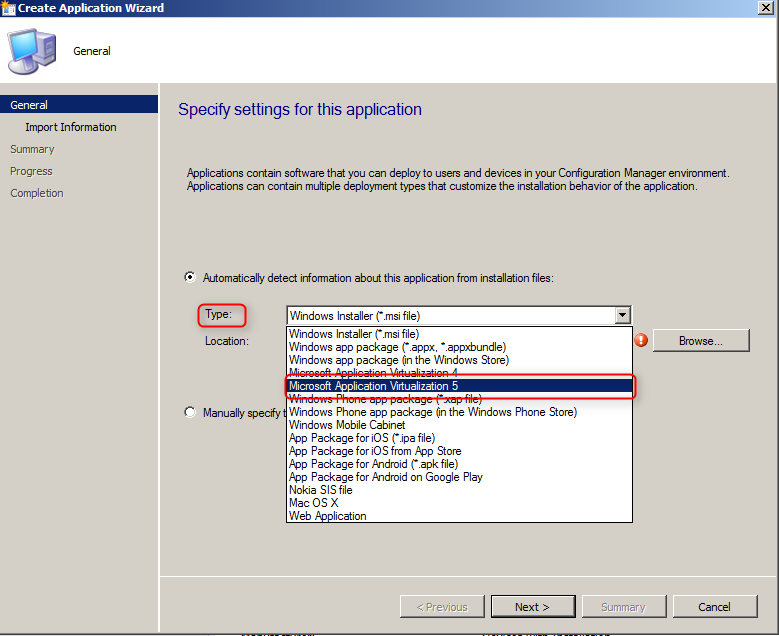 Kuva 11 Applications-paketin Deployment Typen valinta Configuration Managerin kanssa toimiessaan App-v-sovellusten jakelussa käytetään Applications-tapaa, jossa määritetään paketille sen tyyppi.