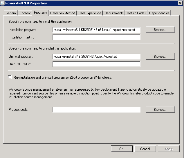 4.2.4 Powershell 3.0-asennus App-v 5 vaati toimiakseen vähintään Powershell 3.0-version, joka piti organisaation ympäristössä päivittää versiosta 2.0. Latasin tarvittavan version Microsoftin sivuilta ja lisäsin sen ConfigMgr-palvelimella sijaitsevaan jakelupaketit-kansioon, jota käytetään sisällön lähteenä.