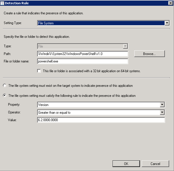 Kuva 34 Powershell 3.0 Detection Method Microsoft Powershell 3.0 asennuksen yhteydessä pitää ottaa huomioon, että tätä ohjelmaa ei havaita ConfigMgr Inventory-toiminnon kautta.