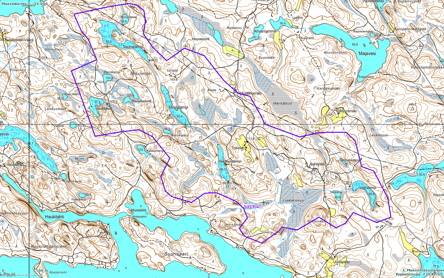 Maanmittauslaitos, lupa nro 326/MML/11 Pohjakartta Maanmittauslaitos lupanro 326/MML/11 Kuva 3. 1: 16 000 maastokartta Honnin kosteikon valuma-alueesta. Kuva 4.