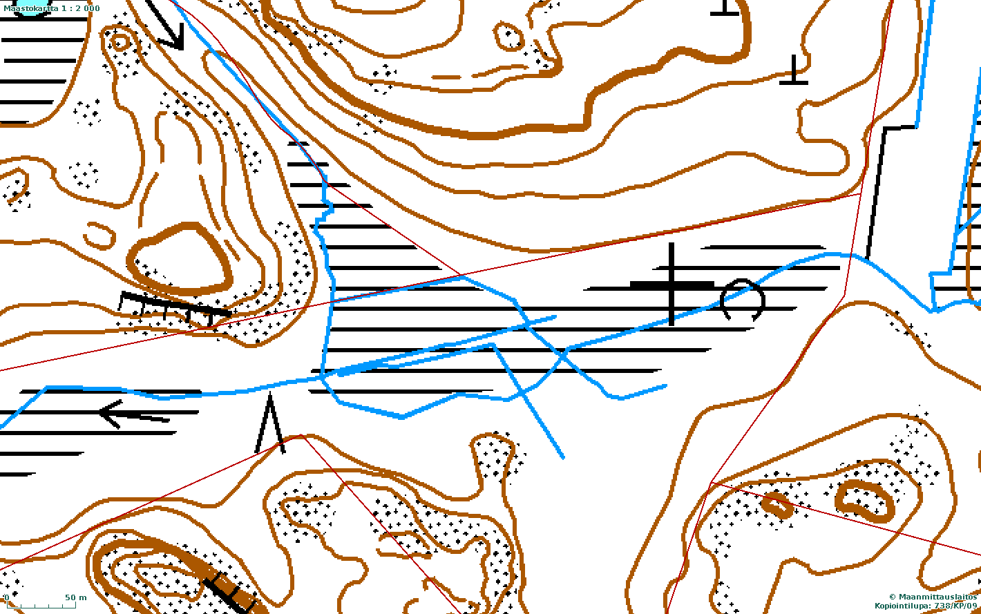 1: 2 000 Ilmakuva (2010) Honnin kosteikkoalueesta ja kiinteistörajoista. Honnin mallikosteikko rajoittuu neljän maanomistajan maille.