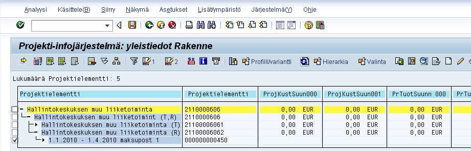 Projektikoulutus 19.1.1010 10 (20) 2.3 Maksupostien muuttaminen Käynnistä Rakenneraportti CN41, valitse projekti, jonka maksuposteja haluat käsitellä ja käynnistä raportti samaan tapaan kuin 2.2.2:ssa on ohjeistettu.