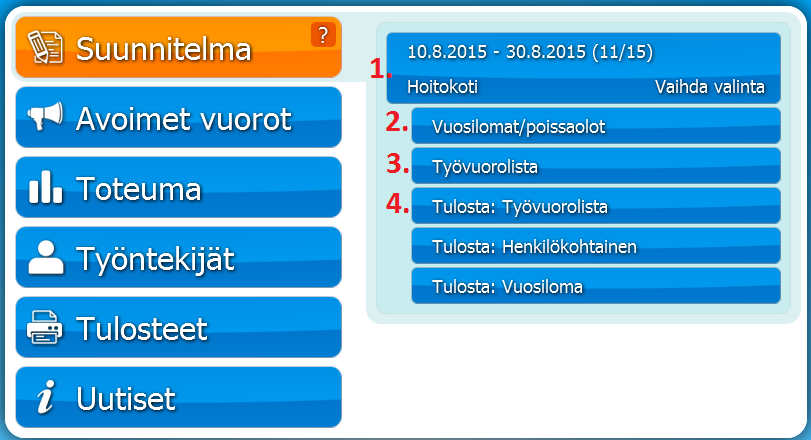 3 (28) Suunnitelma-valikon alavalikot ohjaavat työvuorosuunnittelua prosessin mukaisessa järjestyksessä ja vaiheet läpikäymällä varmistat, että kaikki tarvittavat vaiheet tulevat käytyä läpi: 1.