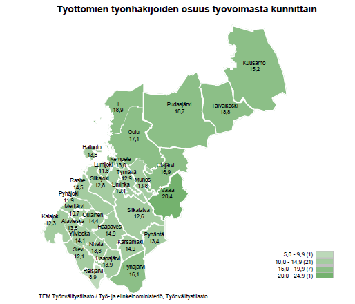 Työttömyys Pohjois-Pohjanmaalla Kunnan osarahoittama työmarkkinatuki 2015 Pudasjärvi 277 424 (159) Kuusamo 637