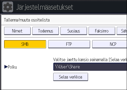 6. Skannaus 21. Paina [Poistu]. 22. Paina [Käyttäjän työkalut/laskuri]. SMB-kansion haku manuaalisesti 1. Paina [Muuta] kohdassa "Polku". 2. Syötä polku, josta kansio löytyy.