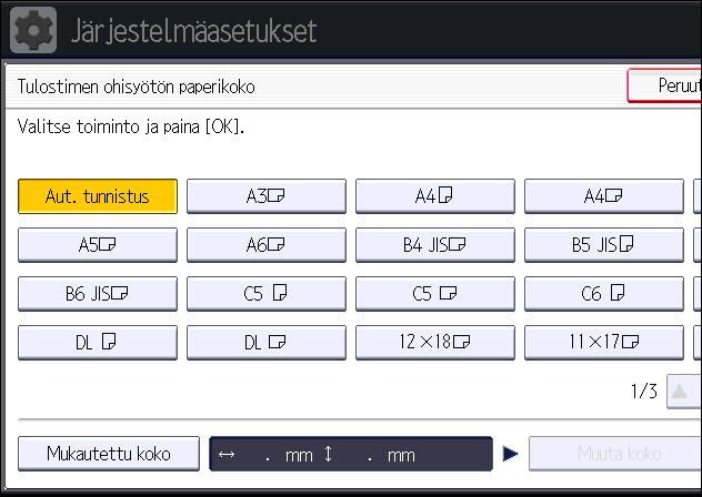 Paperin asettaminen ohisyöttötasolle 2. Paina [Kasetin paperiasetus]. 3. Paina [Tulostimen ohisyötön paperikoko]. 4. Valitse paperin koko. 5. Paina [OK]. 6. Paina [Käyttäjän työkalut/laskuri].