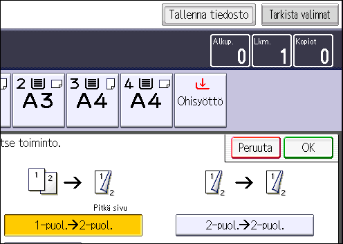 3. Kopiointi Alkuperäinen Alkuperäisten asettaminen Alkuperäisen suunta Suunta Kopiointi Lyhyt sivu 1. Paina [2-p./Yhd./Sarja]. 2. Varmista, että [2-puoleisuus] on valittu.