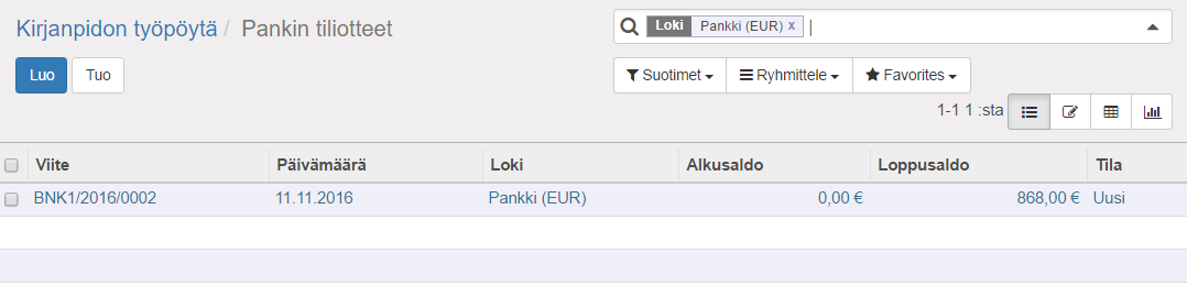 16 Valitse Tuo, jollon pääset hakemaan haluamasi siirtotiedoston. Odoo hakee tiedostosta tiliotteen tiedot näyttöön.
