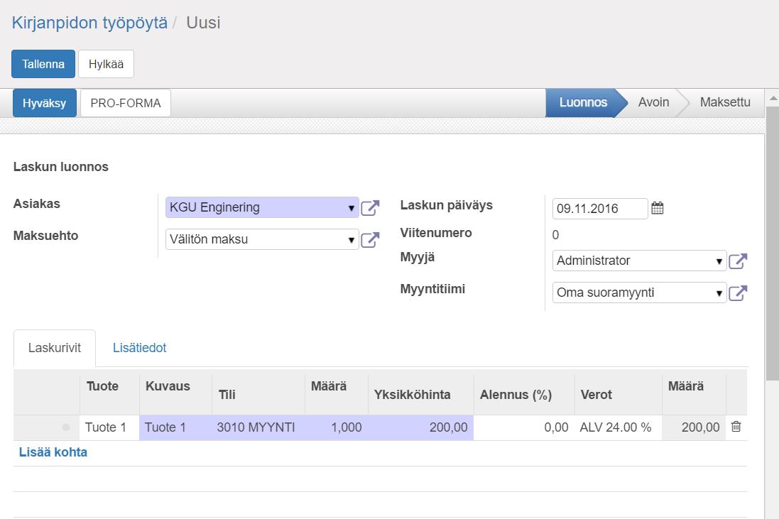 Lopuksi tallenna ja hyväksy. Laskun tila on nyt Avoin ( = lasku on luotu, mutta ei maksettu).