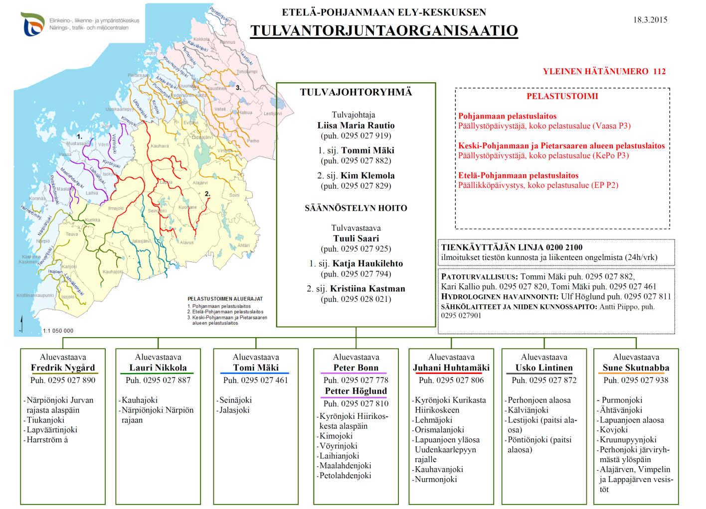 Kuva 60. Etelä-Pohjanmaan ELY-keskuksen tulvatorjuntaorganisaatio vuonna 2015. Pelastusviranomaisille kuuluu onnettomuuksien yleinen ehkäiseminen ja siihen liittyvä viranomaisten yhteistyö.