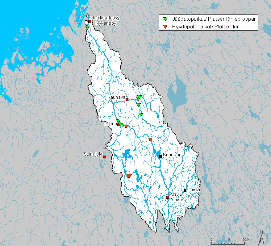 Uudessakaarlepyyssä, Kauhavanjoella Huhmarkosken sillan ja Niemen sillan kohdilla, Hirvijoen Huhdankoskella ja Polvenkoskella. Jääpadoista ei ole aiheutunut suurempia taloudellisia vahinkoja.