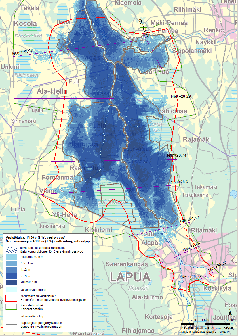 Kuva 31. Lapuan yleispiirteinen tulvavaarakartta, toistuvuus keskimäärin 1/100 vuodessa.