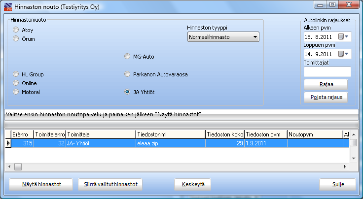 HINNASTOJEN NOUTO Toiminto on mukana versiosta 2010.1.1 lähtien. Ennen hinnaston noutoa tulee perustaa toimittajalle tulkintaohje, nimelle JA Automaattinouto.