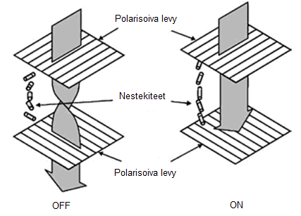 7 osuessaan toiseen polarisoivaan levyyn, mikä aiheuttaa näytön aktivoidun osan näkymisen tummana (ks. kuvio 2). (Ibrahim 2012: 14.) Valon läpikulku LCD-näytössä (mukaillen Ibrahim 2012: 14) 3.