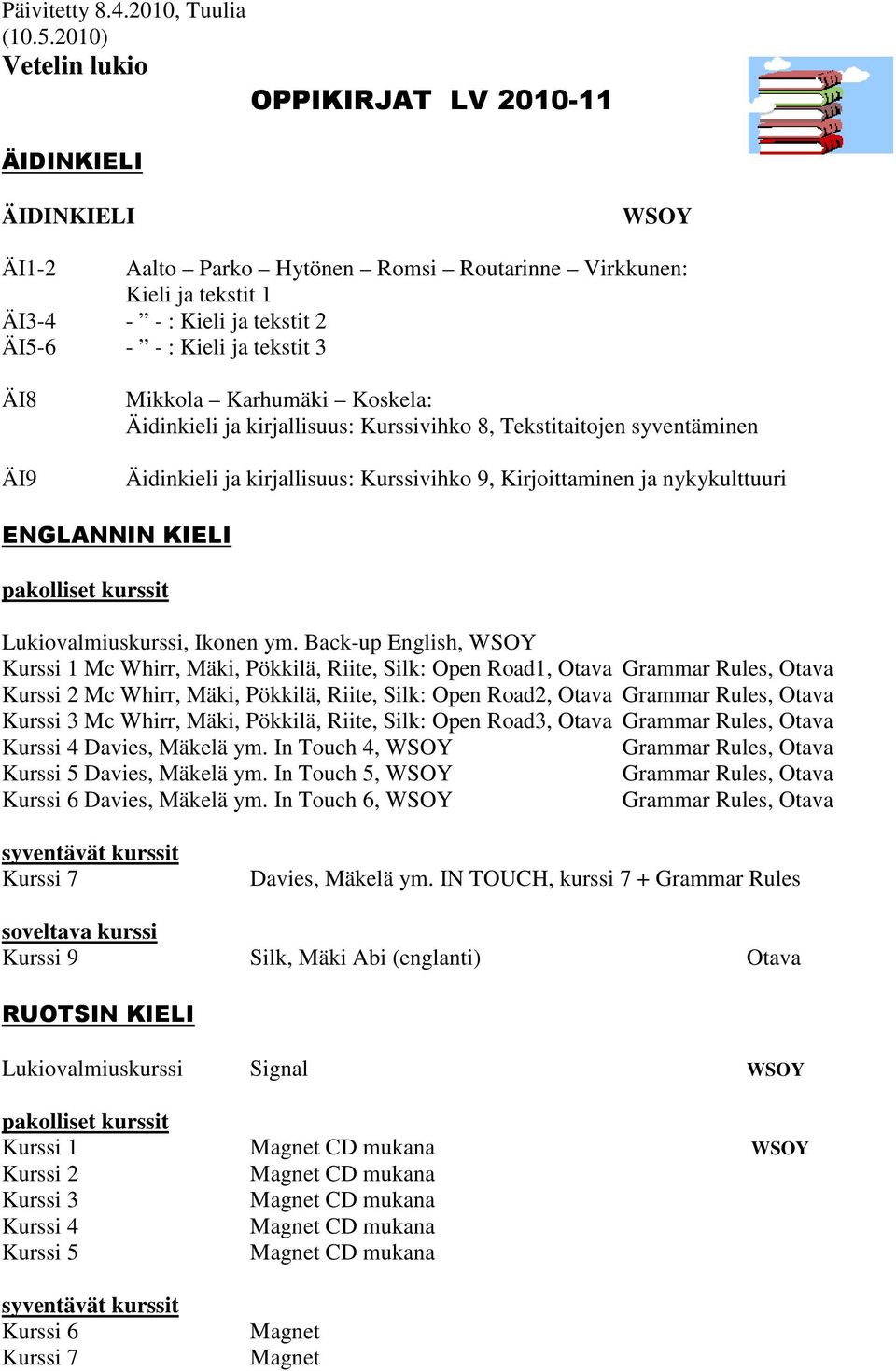 ÄI8 ÄI9 Mikkola Karhumäki Koskela: Äidinkieli ja kirjallisuus: Kurssivihko 8, Tekstitaitojen syventäminen Äidinkieli ja kirjallisuus: Kurssivihko 9, Kirjoittaminen ja nykykulttuuri ENGLANNIN KIELI