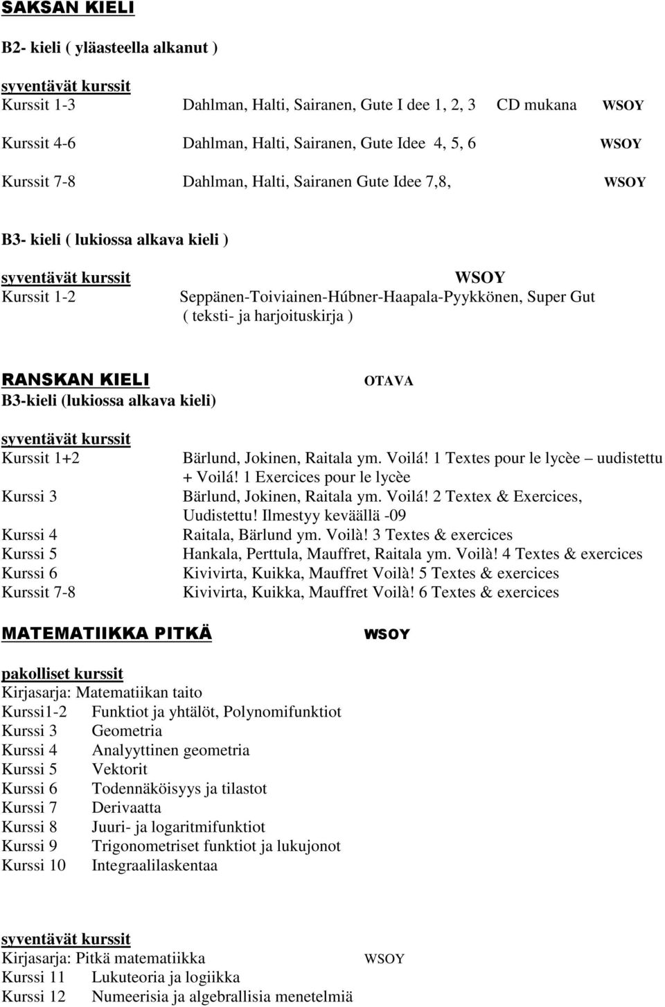 kieli) OTAVA Kurssit 1+2 Kurssit 7-8 Bärlund, Jokinen, Raitala ym. Voilá! 1 Textes pour le lycèe uudistettu + Voilá! 1 Exercices pour le lycèe Bärlund, Jokinen, Raitala ym. Voilá! 2 Textex & Exercices, Uudistettu!