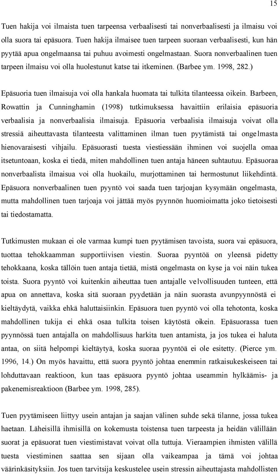 Suora nonverbaalinen tuen tarpeen ilmaisu voi olla huolestunut katse tai itkeminen. (Barbee ym. 1998, 282.) Epäsuoria tuen ilmaisuja voi olla hankala huomata tai tulkita tilanteessa oikein.