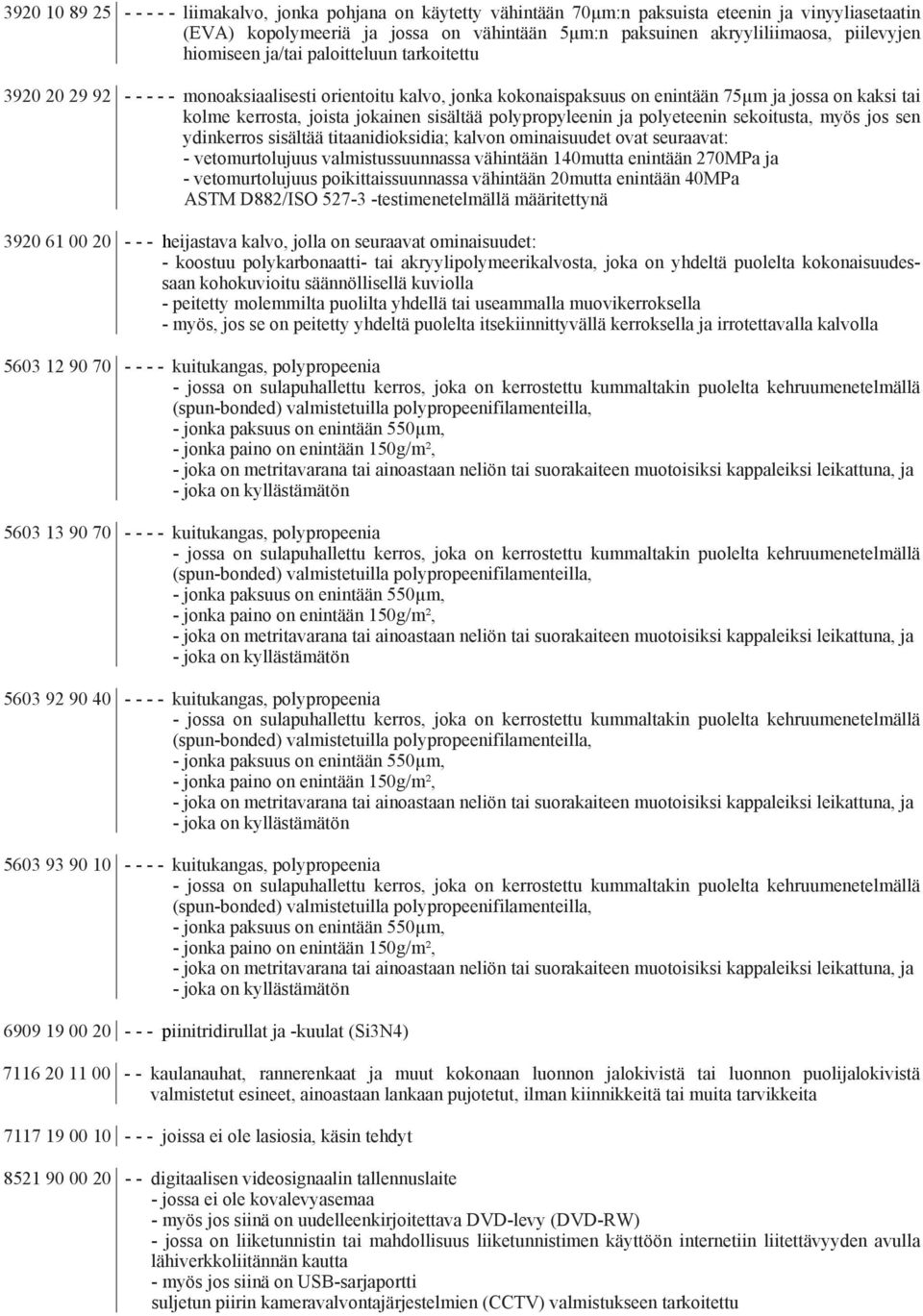 jokainen sisältää polypropyleenin ja polyeteenin sekoitusta, myös jos sen ydinkerros sisältää titaanidioksidia; kalvon ominaisuudet ovat seuraavat: - vetomurtolujuus valmistussuunnassa vähintään