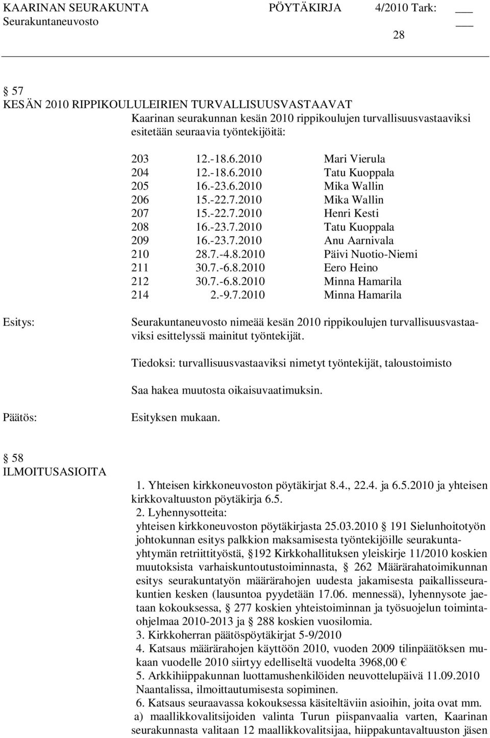 7.-6.8.2010 Eero Heino 212 30.7.-6.8.2010 Minna Hamarila 214 2.-9.7.2010 Minna Hamarila Seurakuntaneuvosto nimeää kesän 2010 rippikoulujen turvallisuusvastaaviksi esittelyssä mainitut työntekijät.