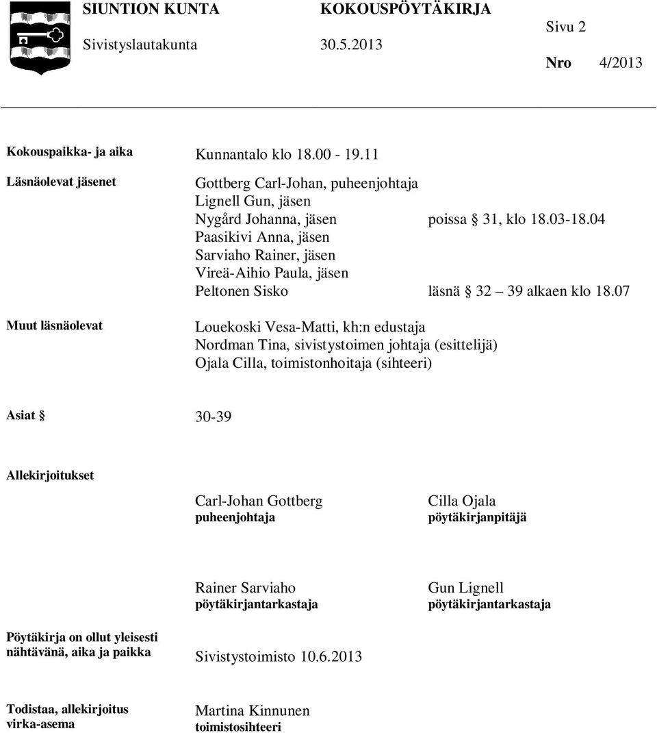 poissa 31, klo 18.03-18.04 läsnä 32 39 alkaen klo 18.