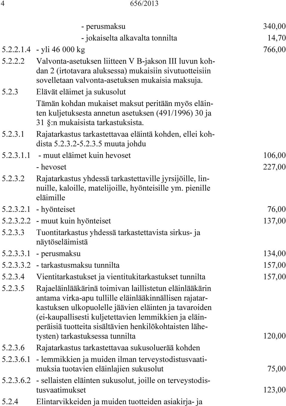 2.3.2-5.2.3.5 muuta johdu 5.2.3.1.1 - muut eläimet kuin hevoset 106,00 - hevoset 227,00 5.2.3.2 Rajatarkastus yhdessä tarkastettaville jyrsijöille, linnuille, kaloille, matelijoille, hyönteisille ym.