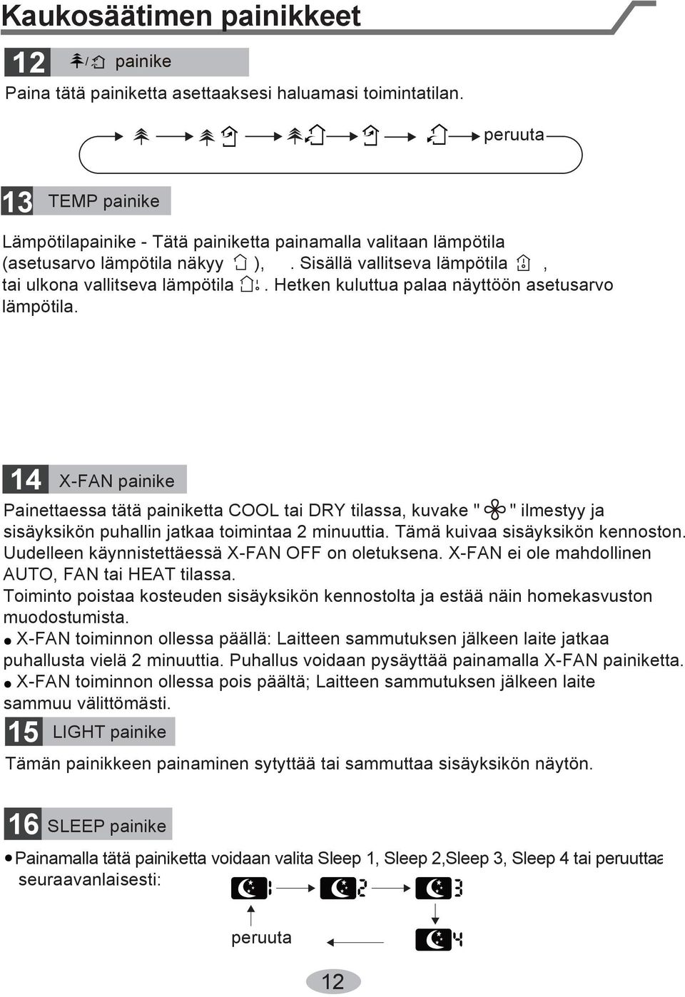 Hetken kuluttua palaa näyttöön asetusarvo lämpötila. 14 X-FAN painike Painettaessa tätä painiketta COOL tai DRY tilassa, kuvake " " ilmestyy ja sisäyksikön puhallin jatkaa toimintaa 2 minuuttia.