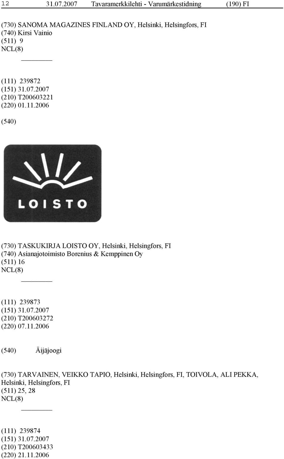 (511) 9 (111) 239872 (210) T200603221 (220) 01.11.2006 (730) TASKUKIRJA LOISTO OY, Helsinki, Helsingfors, FI (740) Asianajotoimisto