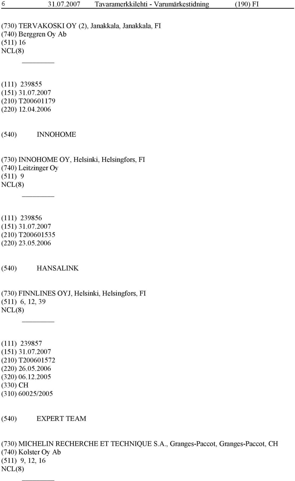 T200601179 (220) 12.04.2006 INNOHOME (730) INNOHOME OY, Helsinki, Helsingfors, FI (740) Leitzinger Oy (511) 9 (111) 239856 (210) T200601535 (220) 23.05.