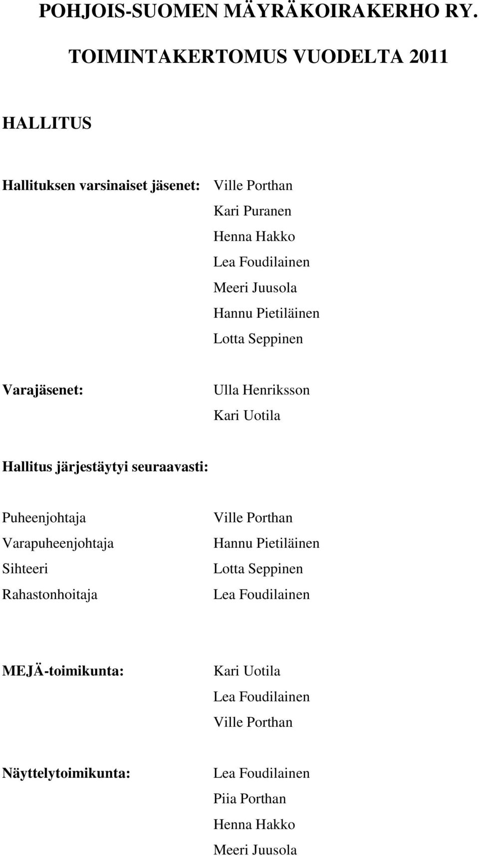 Juusola Hannu Pietiläinen Lotta Seppinen Varajäsenet: Ulla Henriksson Kari Uotila Hallitus järjestäytyi seuraavasti: