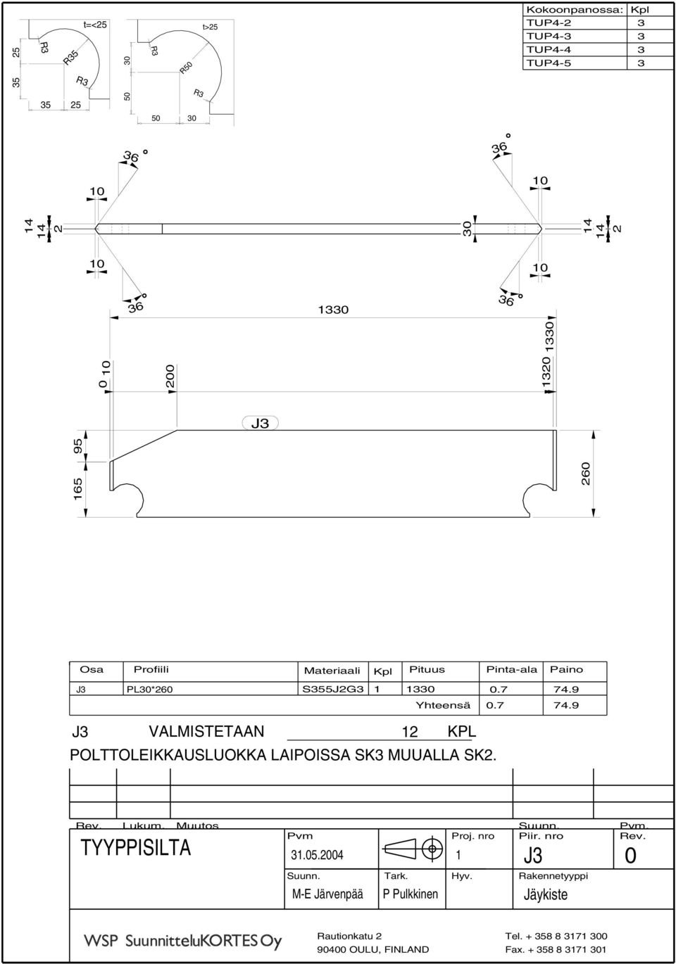 9 Yhteensä.7 74.9 J3 VALMISTETAAN KPL Rev. Lukum. Muutos. Proj. nro Piir.