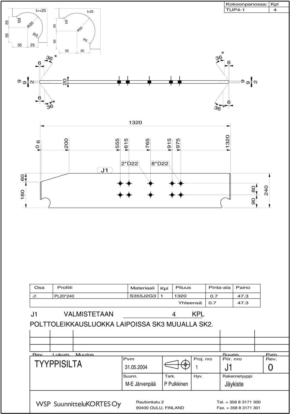 3 Yhteensä.7 47.3 J1 VALMISTETAAN 4 KPL Rev. Lukum. Muutos. Proj. nro Piir.