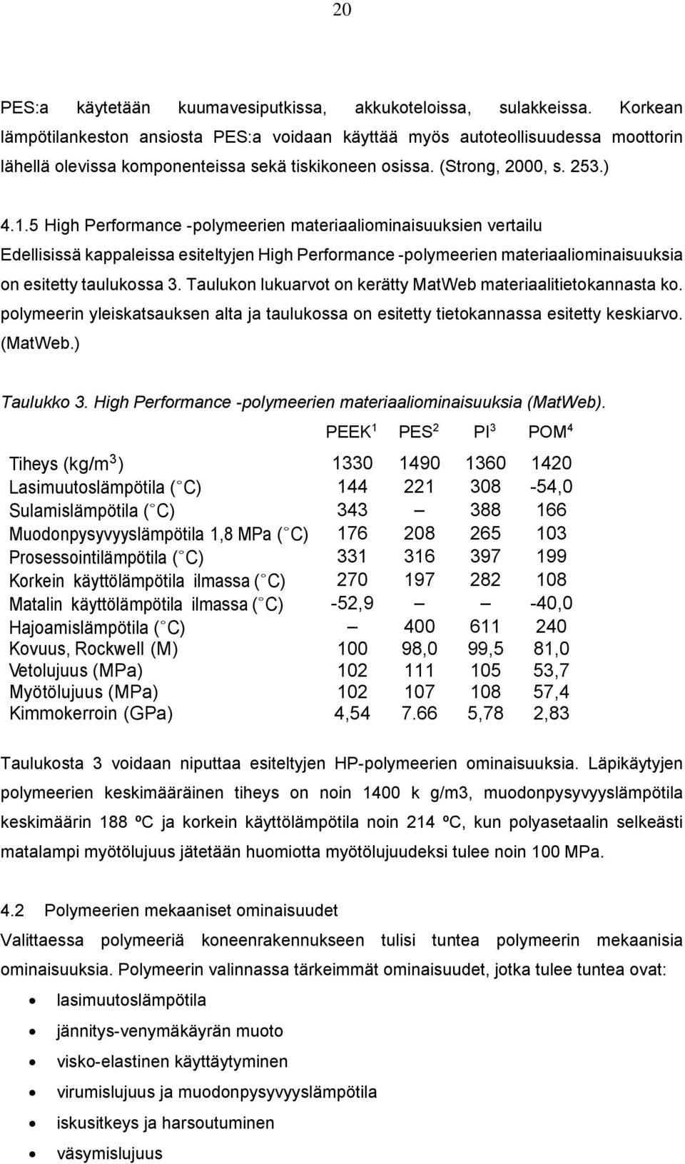 5 High Performance -polymeerien materiaaliominaisuuksien vertailu Edellisissä kappaleissa esiteltyjen High Performance -polymeerien materiaaliominaisuuksia on esitetty taulukossa 3.