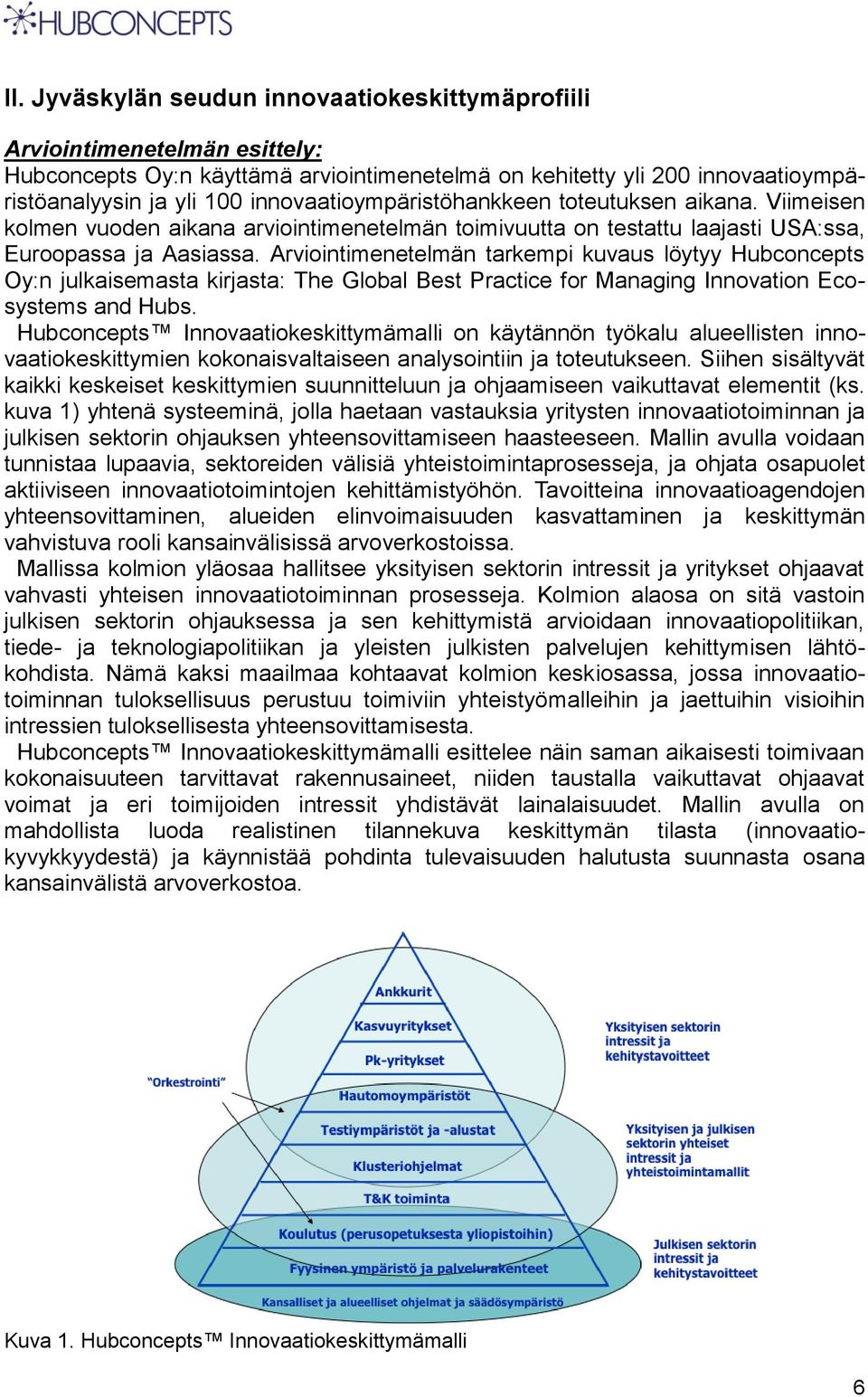 Arviointimenetelmän tarkempi kuvaus löytyy Hubconcepts Oy:n julkaisemasta kirjasta: The Global Best Practice for Managing Innovation Ecosystems and Hubs.