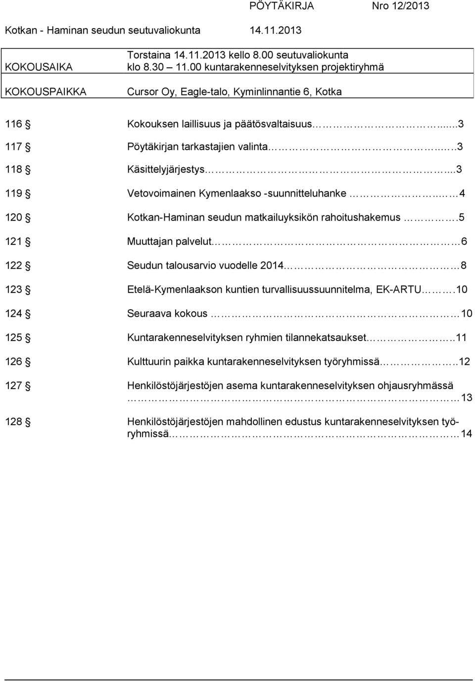 ..3 119 Vetovoimainen Kymenlaakso -suunnitteluhanke.. 4 120 Kotkan-Haminan seudun matkailuyksikön rahoitushakemus.
