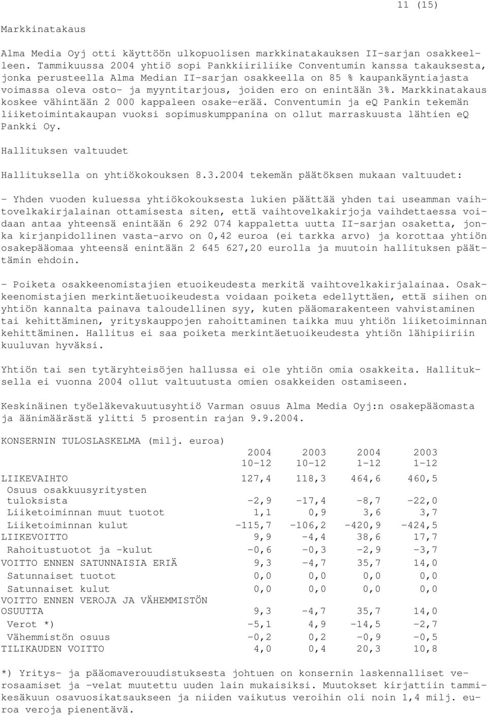 on enintään 3%. Markkinatakaus koskee vähintään 2 000 kappaleen osake-erää. Conventumin ja eq Pankin tekemän liiketoimintakaupan vuoksi sopimuskumppanina on ollut marraskuusta lähtien eq Pankki Oy.
