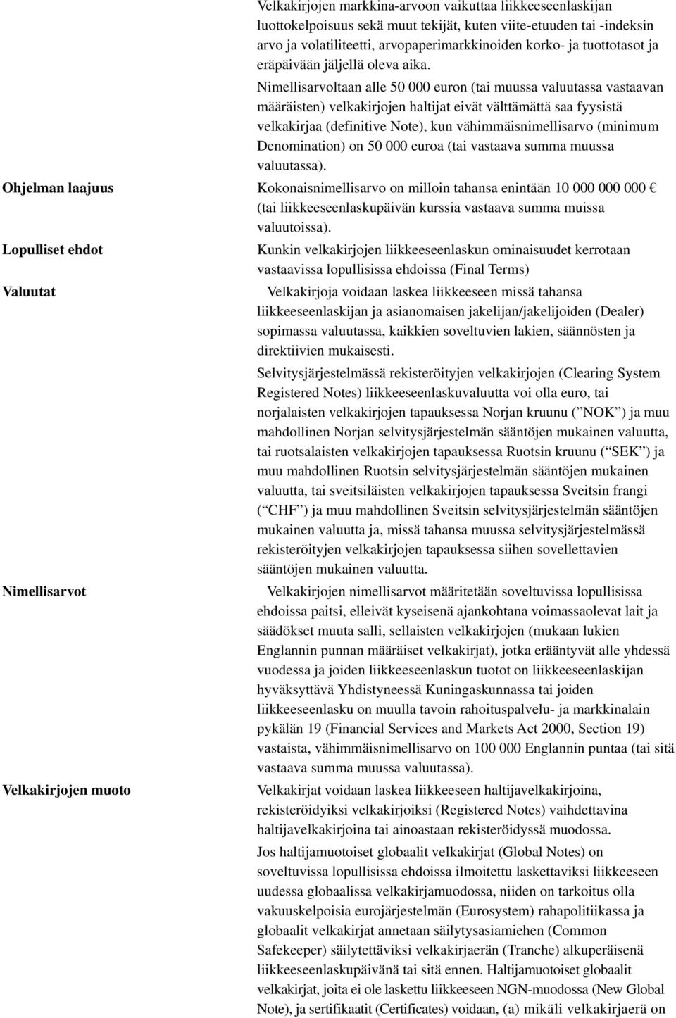 Nimellisarvoltaan alle 50 000 euron (tai muussa valuutassa vastaavan määräisten) velkakirjojen haltijat eivät välttämättä saa fyysistä velkakirjaa (definitive Note), kun vähimmäisnimellisarvo
