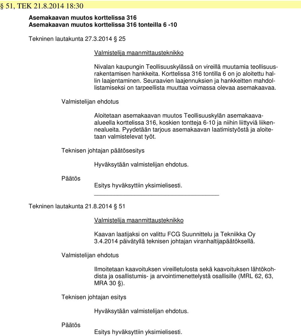 Aloitetaan asemakaavan muutos Teollisuuskylän asemakaavaalueella korttelissa 316, koskien tontteja 6-10 ja niihin liittyviä liikennealueita.