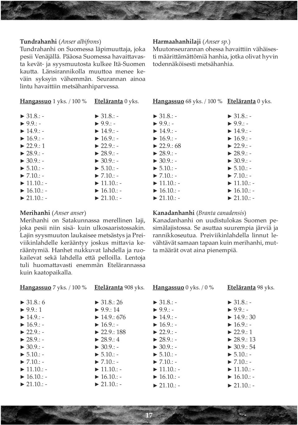 ) Muutonseurannan ohessa havaittiin vähäisesti määrittämättömiä hanhia, jotka olivat hyvin todennäköisesti metsähanhia. Hangassuo 1 yks. / 100 % Eteläranta 0 yks. Hangassuo 68 yks.