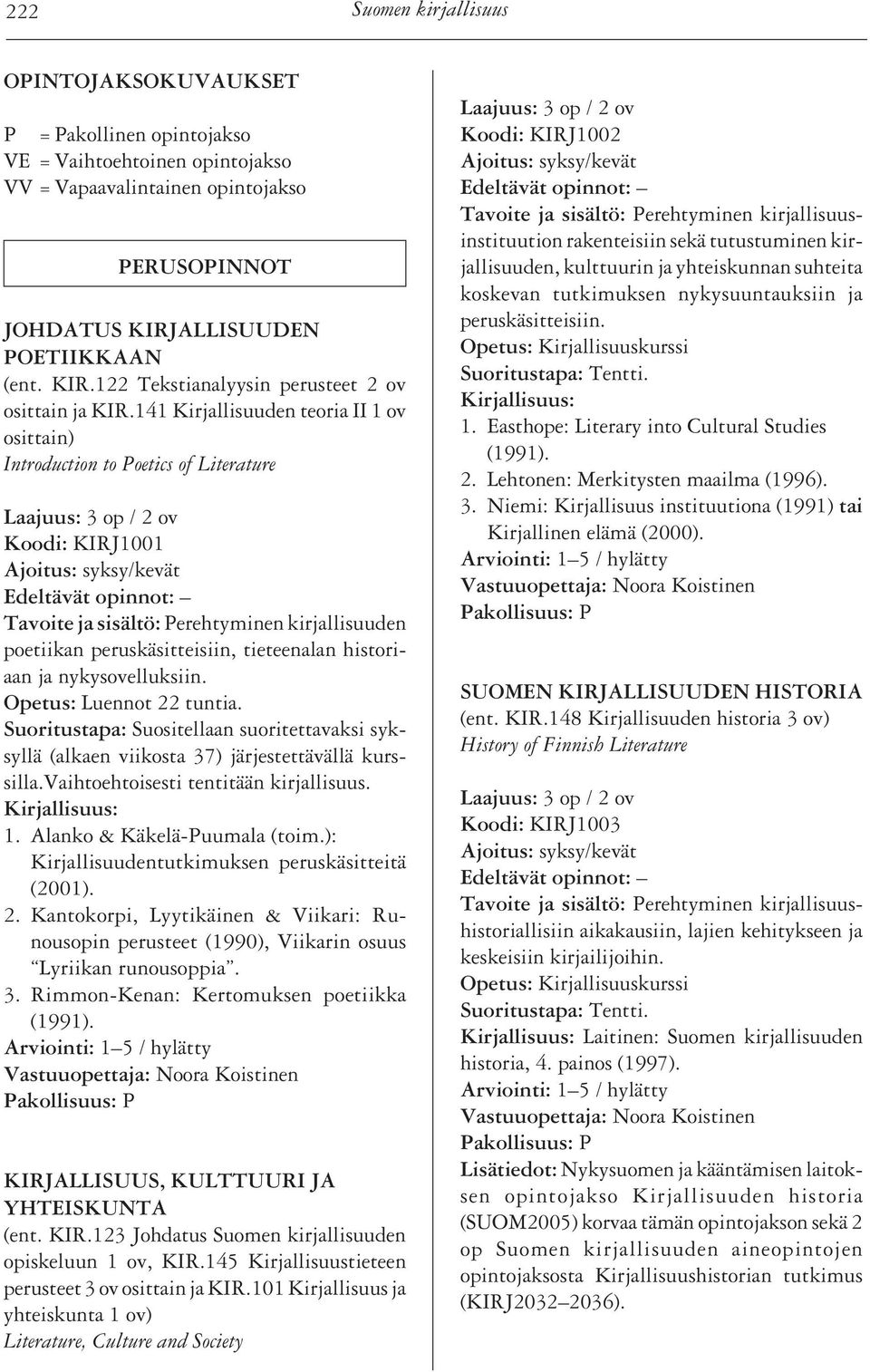 141 Kirjallisuuden teoria II 1 ov Introduction to Poetics of Literature Koodi: KIRJ1001 Tavoite ja sisältö: Perehtyminen kirjallisuuden poetiikan peruskäsitteisiin, tieteenalan historiaan ja