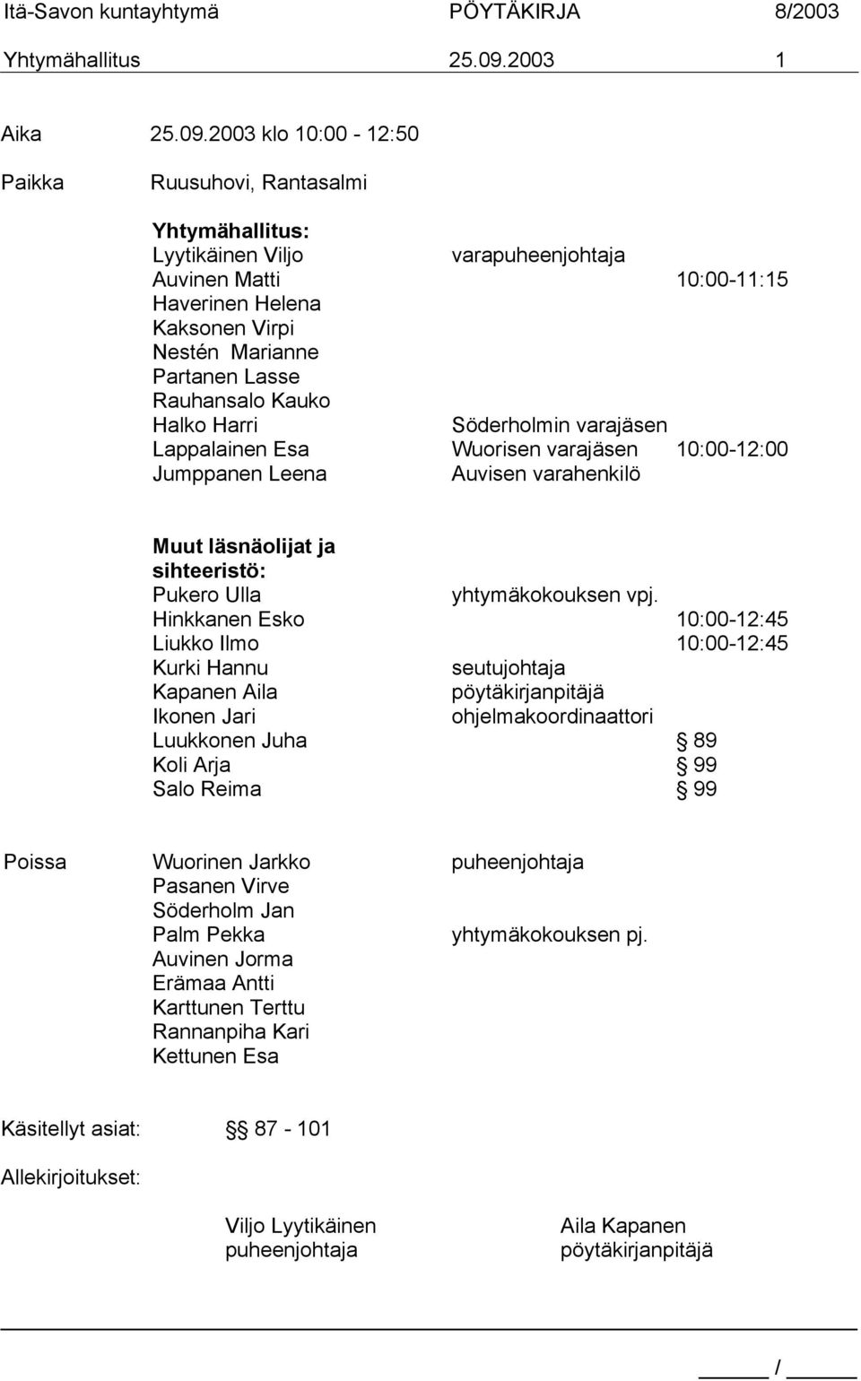 2003 klo 10:00-12:50 Paikka Ruusuhovi, Rantasalmi Yhtymähallitus: Lyytikäinen Viljo varapuheenjohtaja Auvinen Matti 10:00-11:15 Haverinen Helena Kaksonen Virpi Nestén Marianne Partanen Lasse