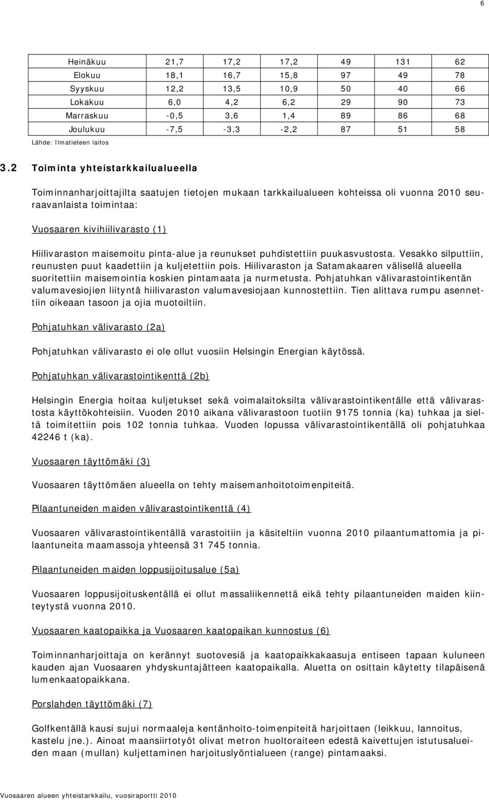 2 Toiminta yhteistarkkailualueella Toiminnanharjoittajilta saatujen tietojen mukaan tarkkailualueen kohteissa oli vuonna 2010 seuraavanlaista toimintaa: Vuosaaren kivihiilivarasto (1) Hiilivaraston