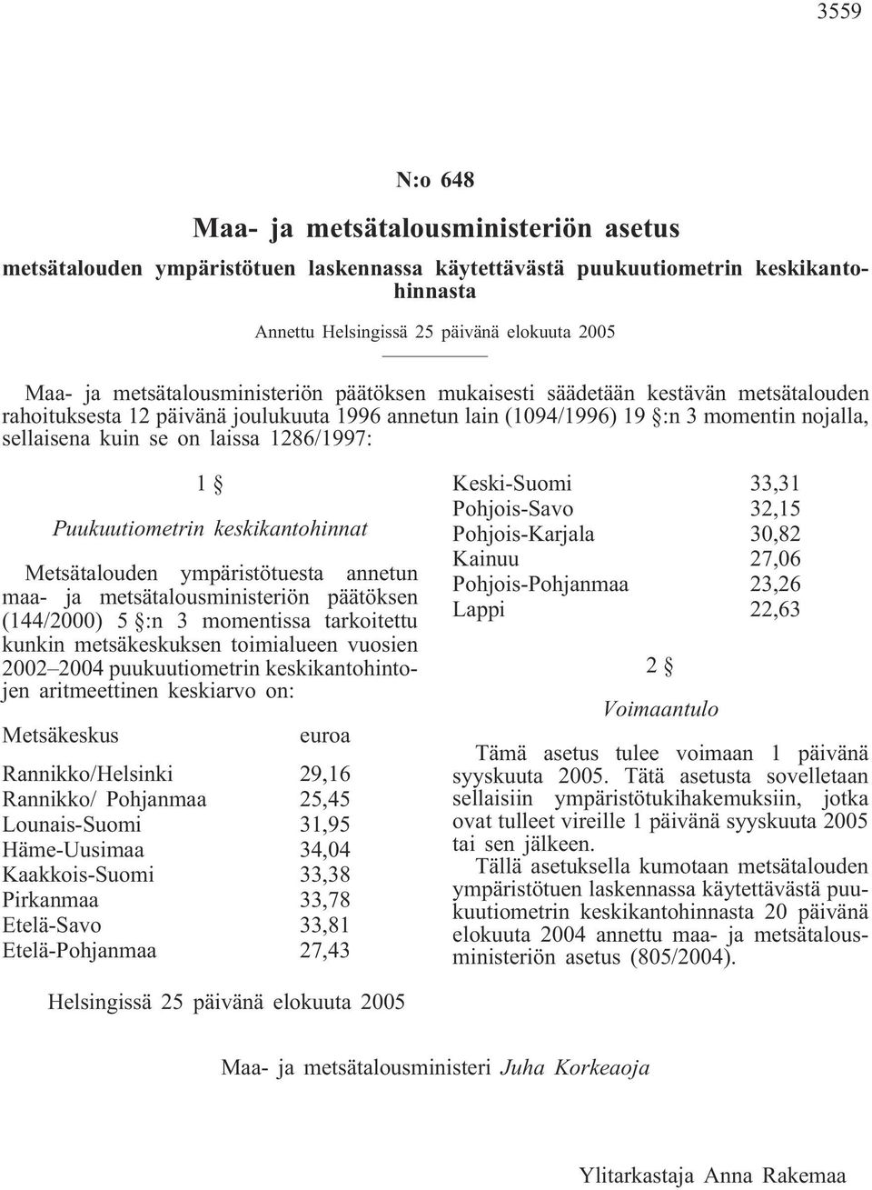 Metsätalouden ympäristötuesta annetun maa- ja metsätalousministeriön päätöksen (144/2000) 5 :n 3 momentissa tarkoitettu kunkin metsäkeskuksen toimialueen vuosien 2002 2004 puukuutiometrin