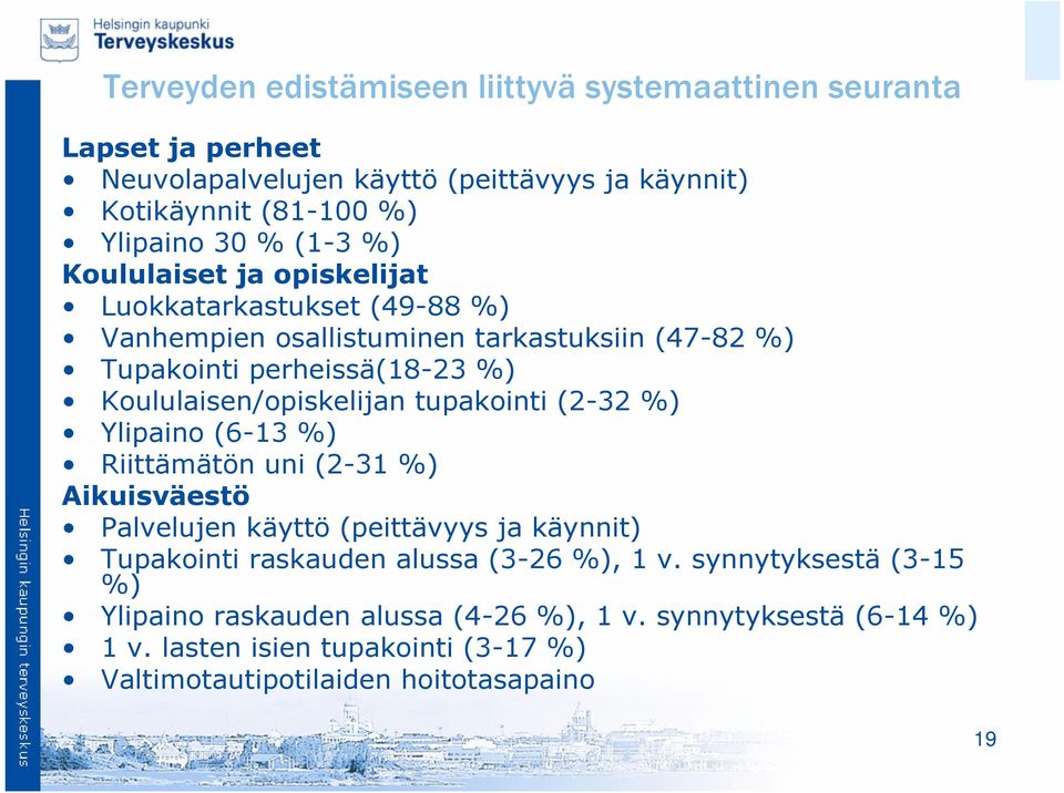 Koululaisen/opiskelijan tupakointi (2-32 %) Ylipaino (6-13 %) Riittämätön uni (2-31 %) Aikuisväestö Palvelujen käyttö (peittävyys ja käynnit) Tupakointi raskauden