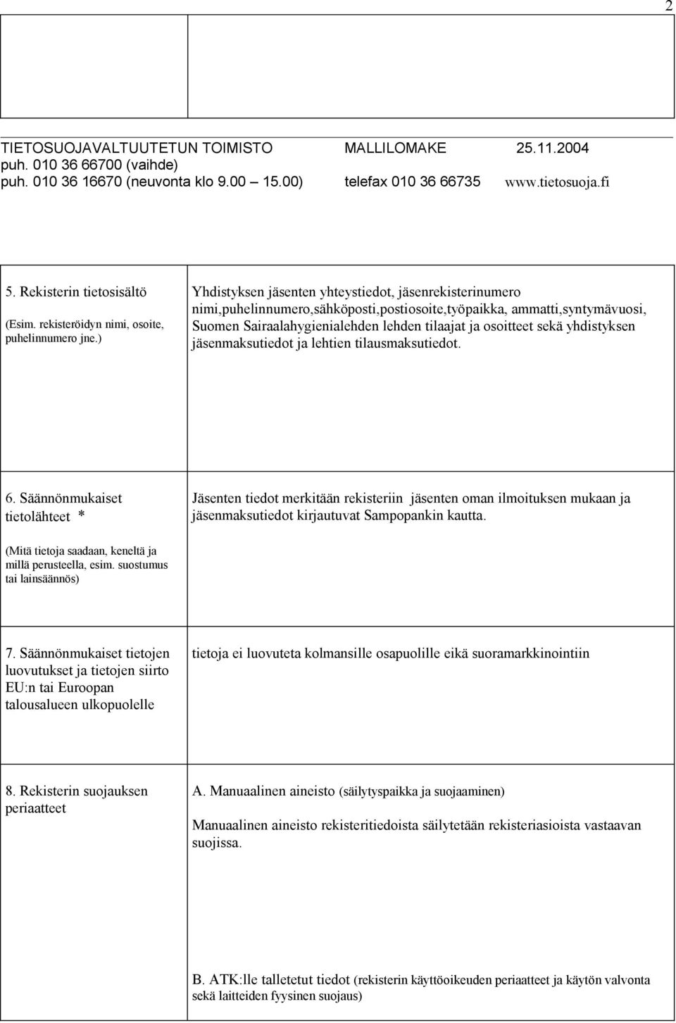 ) Yhdistyksen jäsenten yhteystiedot, jäsenrekisterinumero nimi,puhelinnumero,sähköposti,postiosoite,työpaikka, ammatti,syntymävuosi, Suomen Sairaalahygienialehden lehden tilaajat ja osoitteet sekä