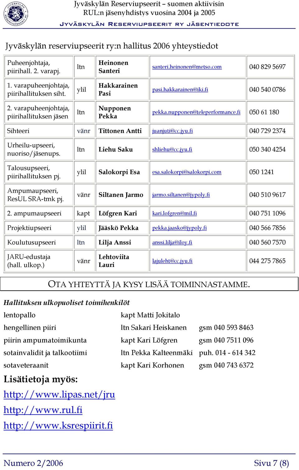 fi 050 61 180 Sihteeri vänr Tittonen Antti juanjuti@cc.jyu.fi 040 729 2374 Urheilu-upseeri, nuoriso/jäsenups. Talousupseeri, piirihallituksen pj. Ampumaupseeri, ResUL SRA-tmk pj.